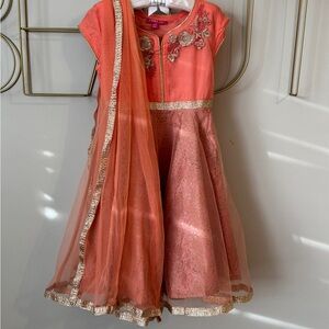 Elegant Coral Embroidered Dress with Gold Accents 2-3 Yrs